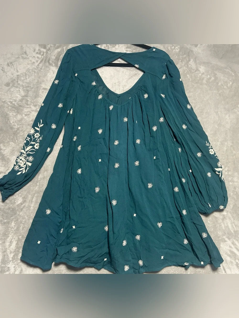 Free People Long Sleeve Embroidered Mini Dress Women’s Medium Teal Blue